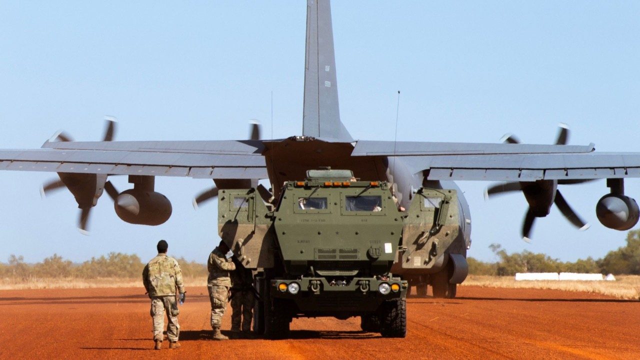 A U.S. Air Force MC-130J prepares to take-off after delivering a HIMARS at Delamere Air Weapons Range, Northern Territory during Exercise Talisman Sabre 2023. (Photo credit: LSIS Susan Mossop Australian Defence Force)