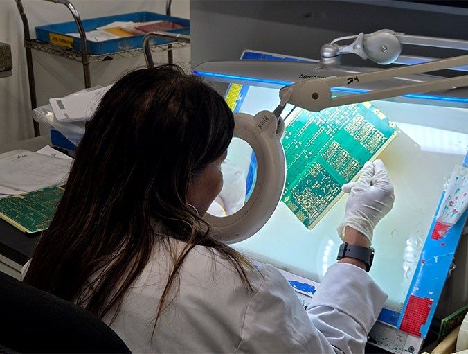 FTG circuits employee inspecting a large circuit board