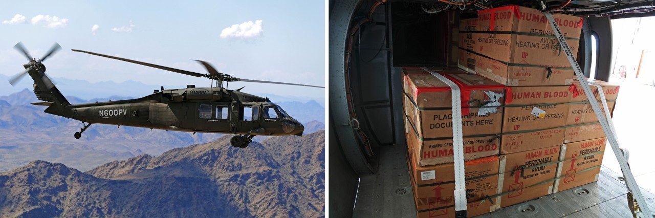 A long-endurance mission over U.S. Army Yuma Proving Ground demonstrated the optionally piloted Black Hawk helicopter flying without pilots or crew. Inside the cabin were 400 units of real and simulated blood packed in ice. 